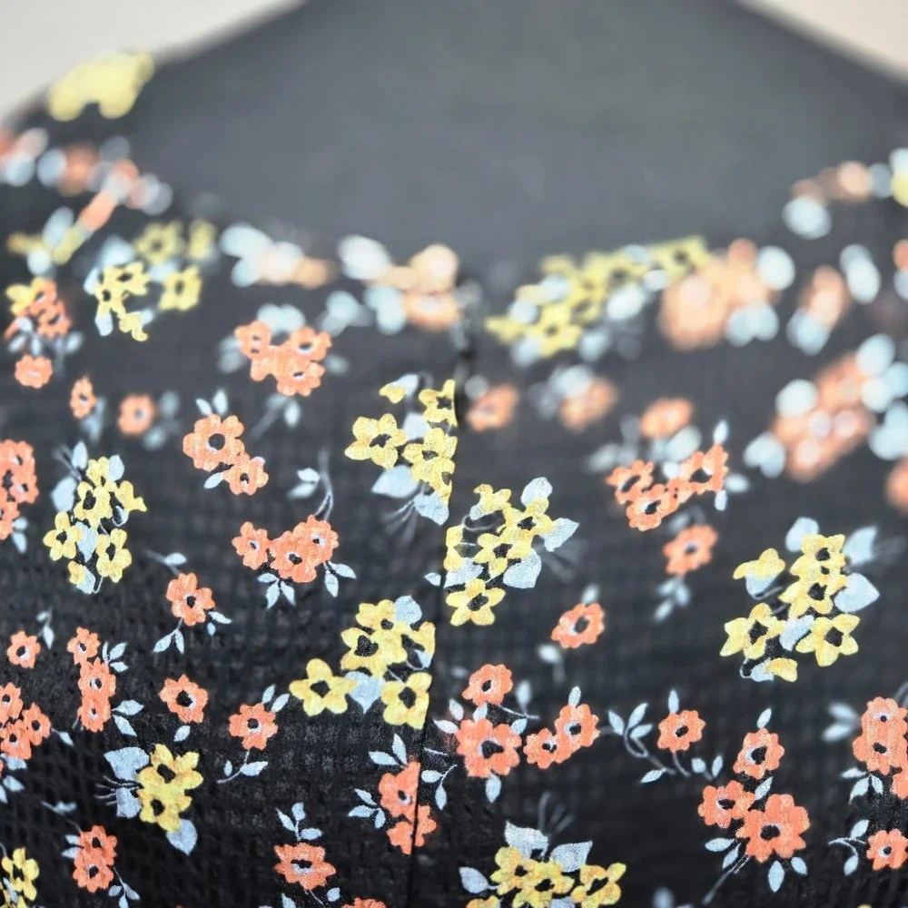 Free People Floral Mini Dress Womens S Black Good Smocked Long Sleeve Boho (D11)